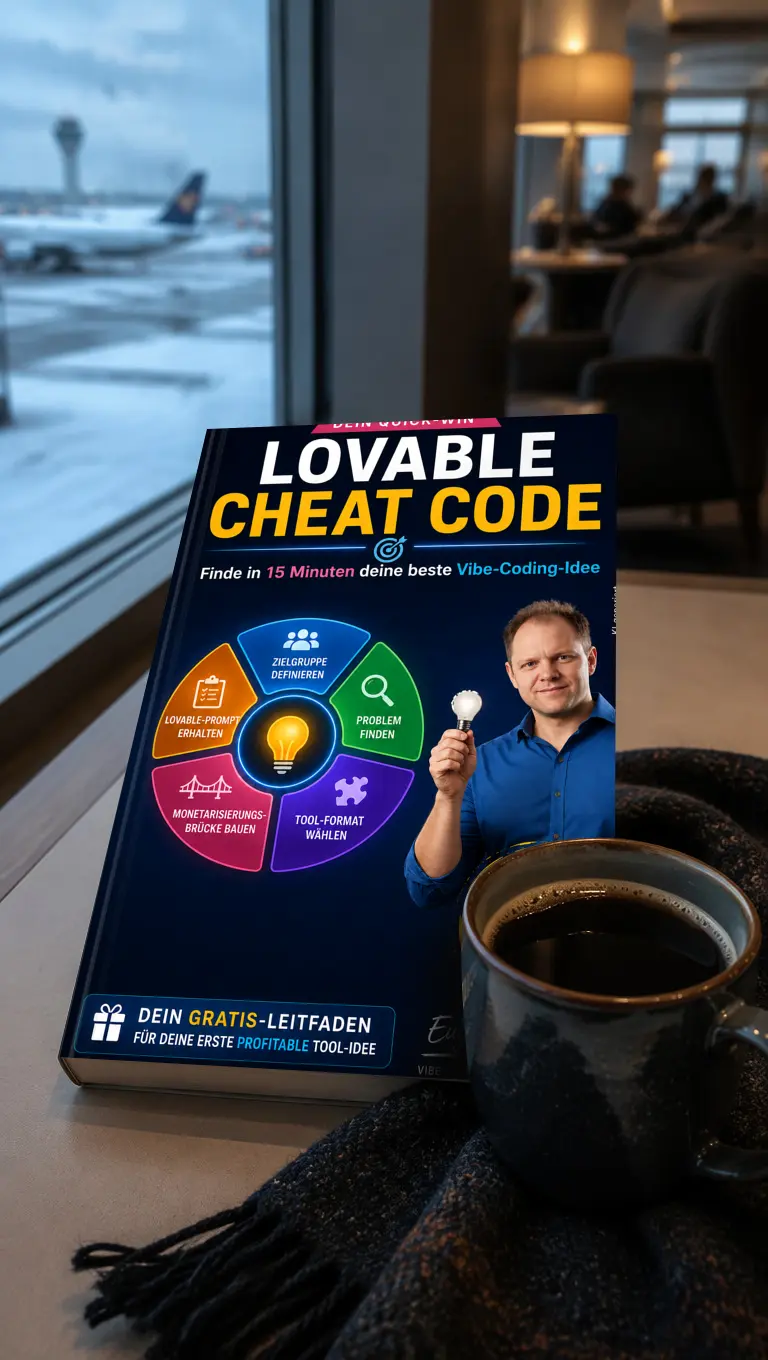 Lovable Cheat Code Buch in einer Airport-Lounge neben einer Kaffeetasse